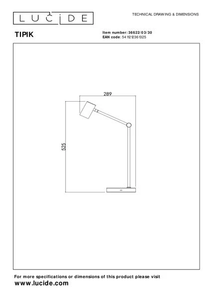 Lucide TIPIK - Lampe de bureau Rechargeable - Batterie/Piles - LED 3 StepDim - 1x3W 2700K - Noir - technique